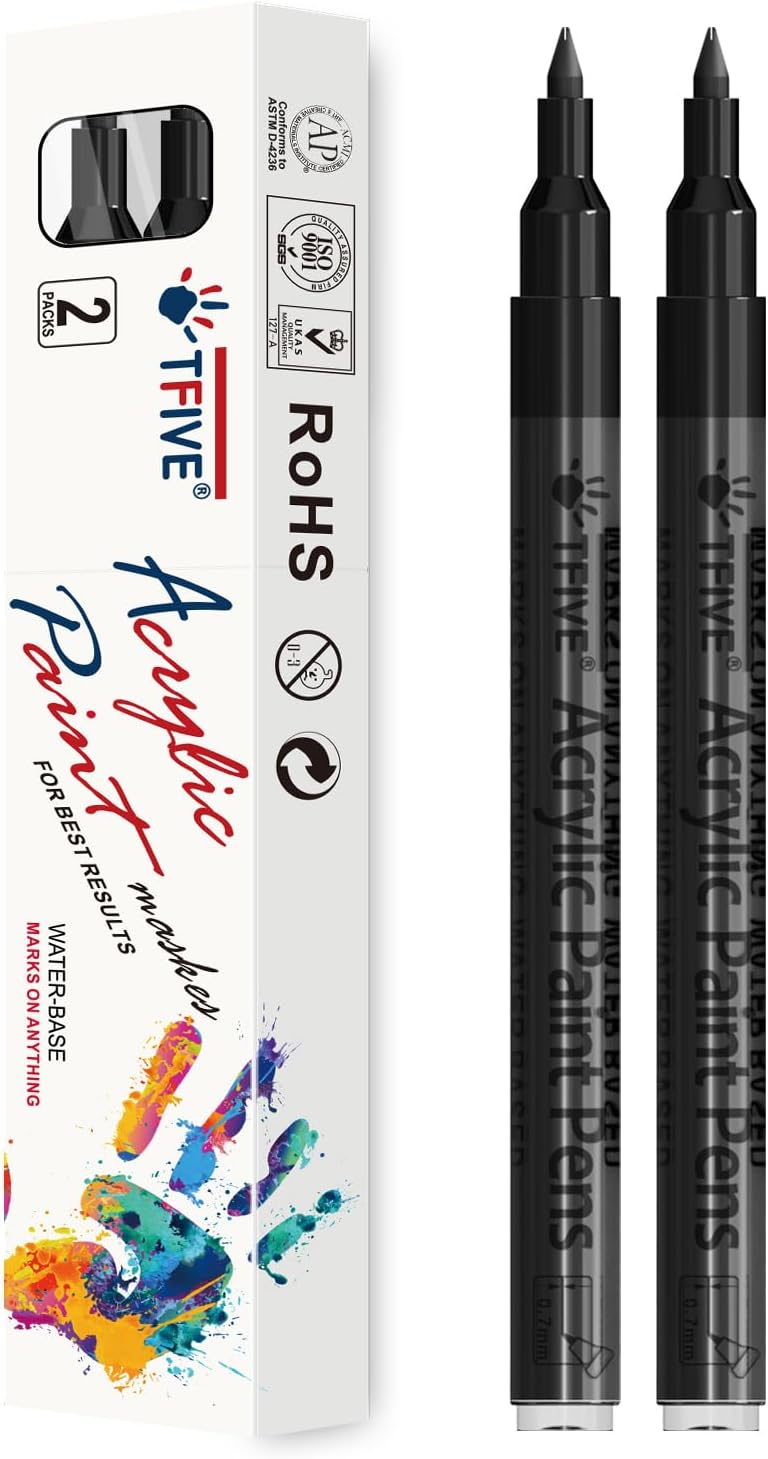 TFIVE Black Paint Marker Paint Pens - 2 Pack Acrylic Permanent Marker, 0.7mm Extra Fine Tip Paint Pen for Art Projects, Drawing, Rock Painting, Ceramic, Glass, Wood, Plastic, Metal, Canvas DIY Crafts - Image 1